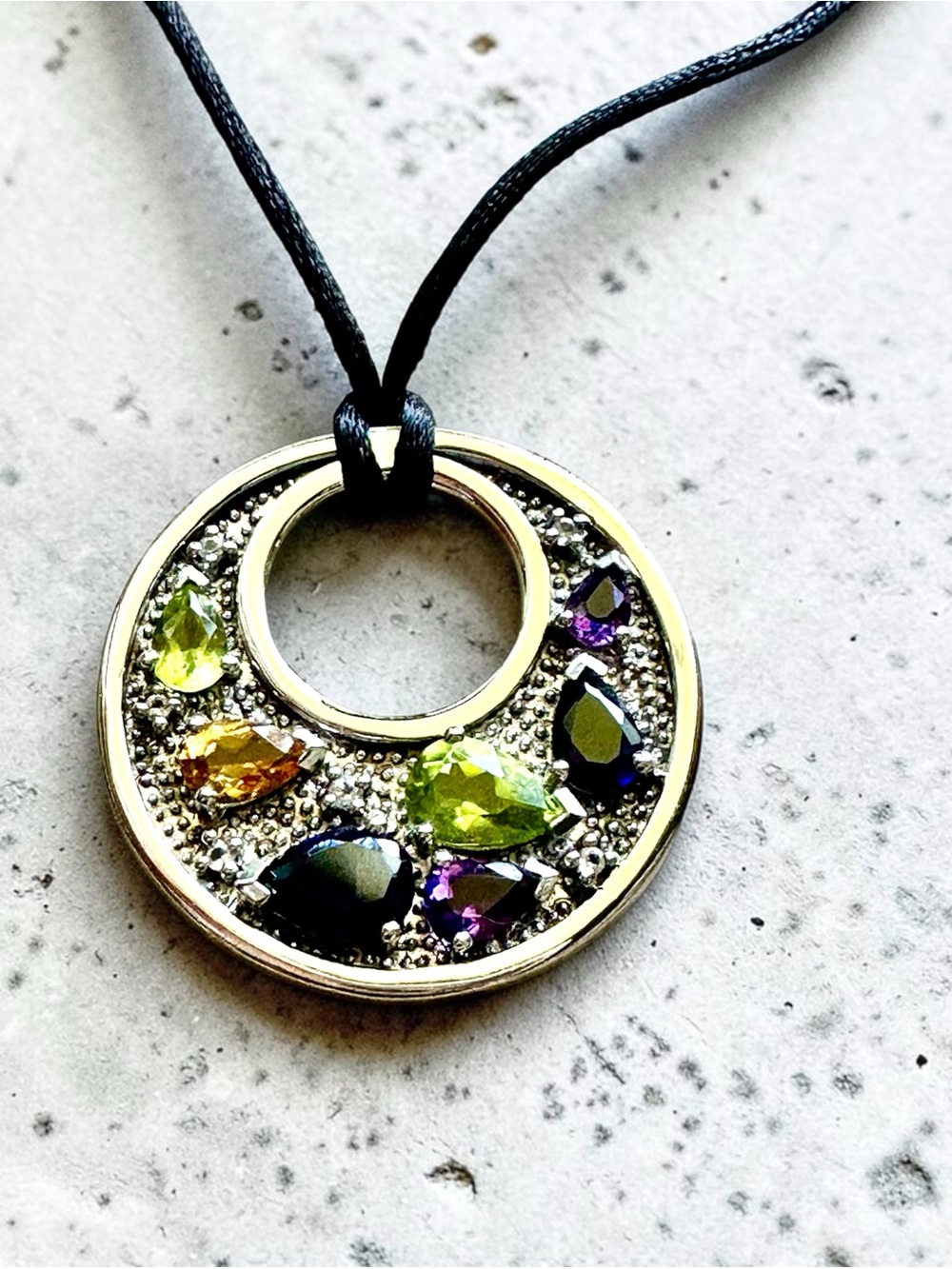 Sterling Silver Multi-Gemstone Circle Pendant Necklace 16”